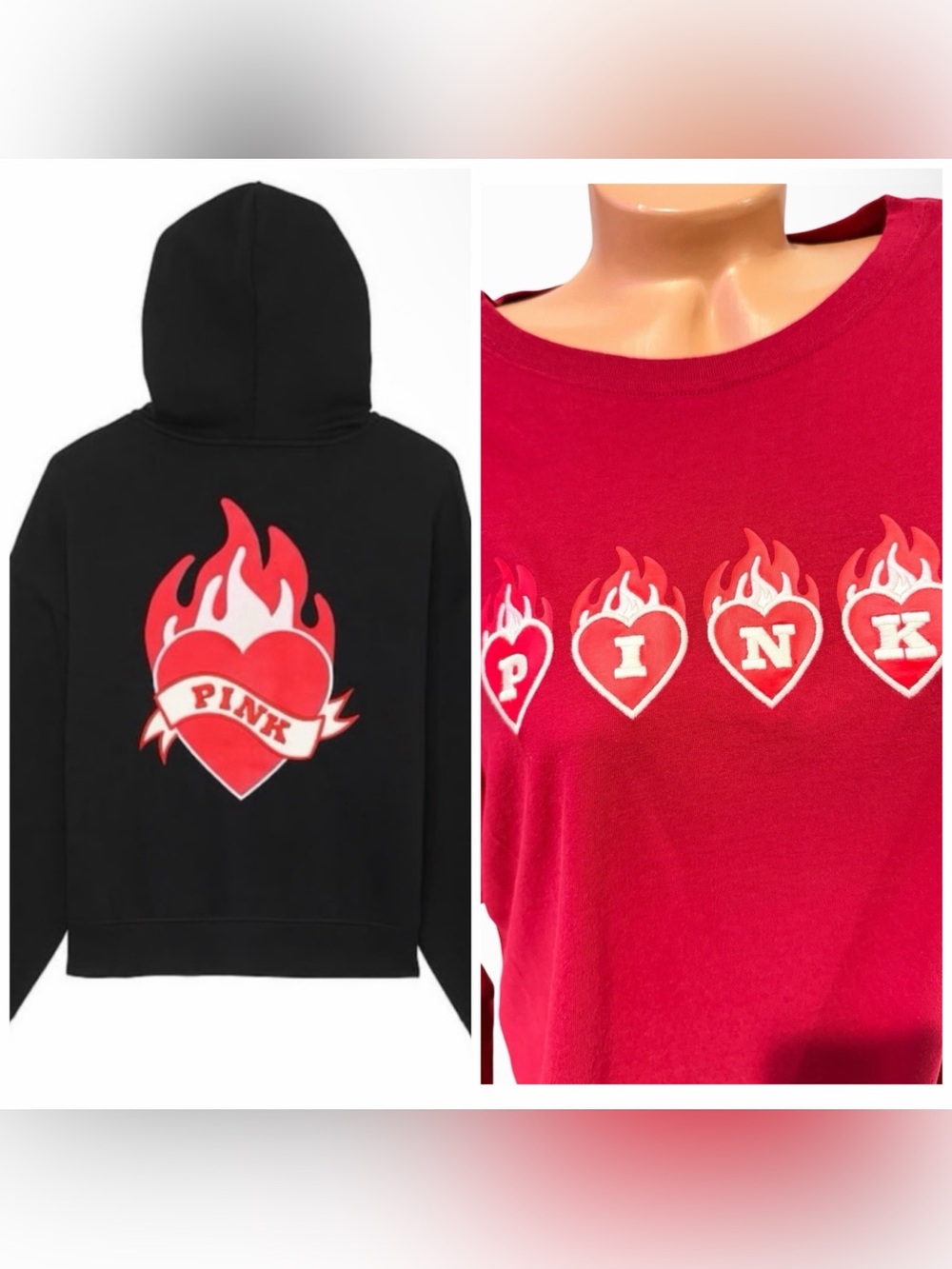RARE PINK Victoria's Secret SET Black Zip Up Hoodie and flame tee!